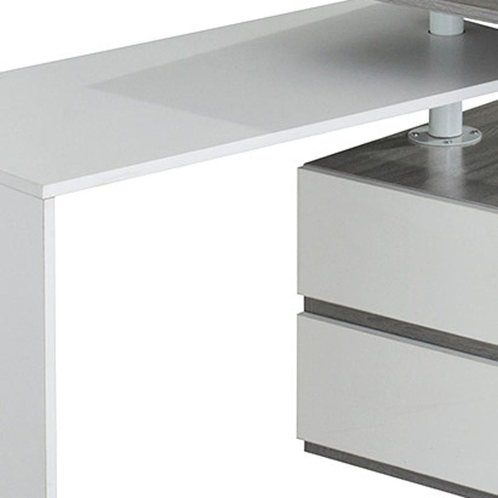 58" Gray and White Wood Adjustable Position Computer Desk With Two Drawer Cabinet HomeRoots