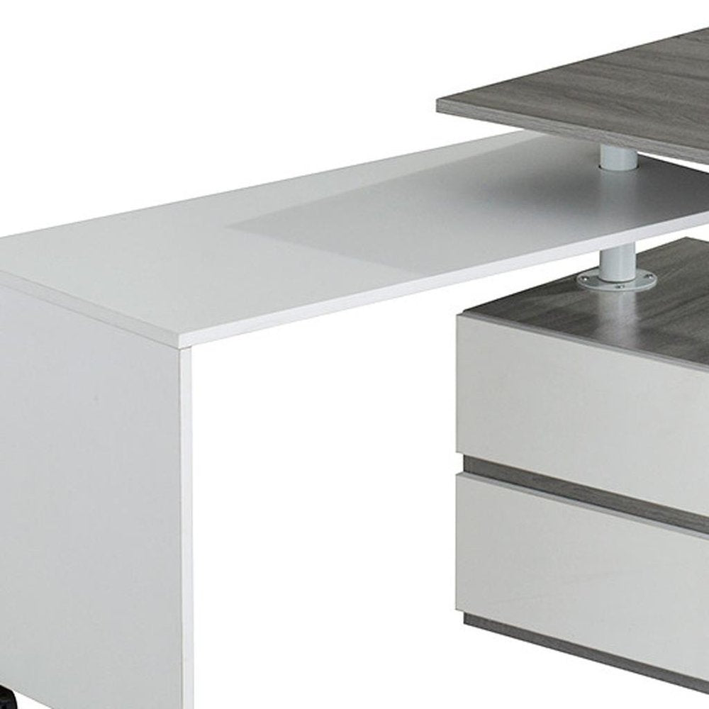 58" Gray and White Wood Adjustable Position Computer Desk With Two Drawer Cabinet HomeRoots