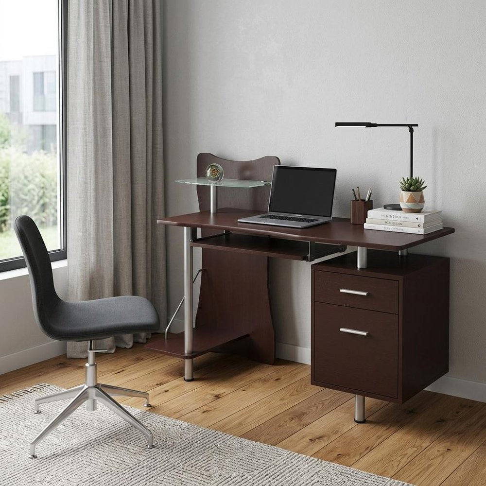 51" Chocolate and Silver Wood and Steel Pedestal Computer Desk With Two Drawers — view 9