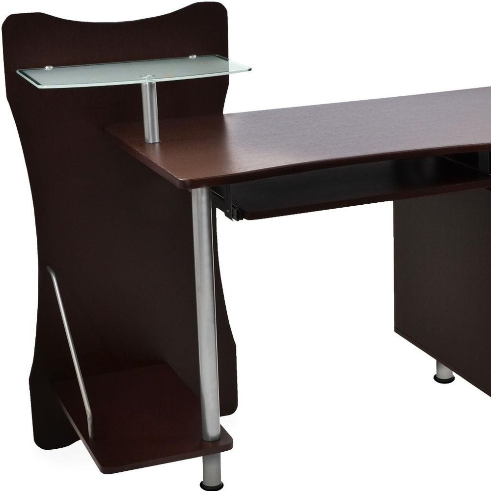 51" Chocolate and Silver Wood and Steel Pedestal Computer Desk With Two Drawers — view 7
