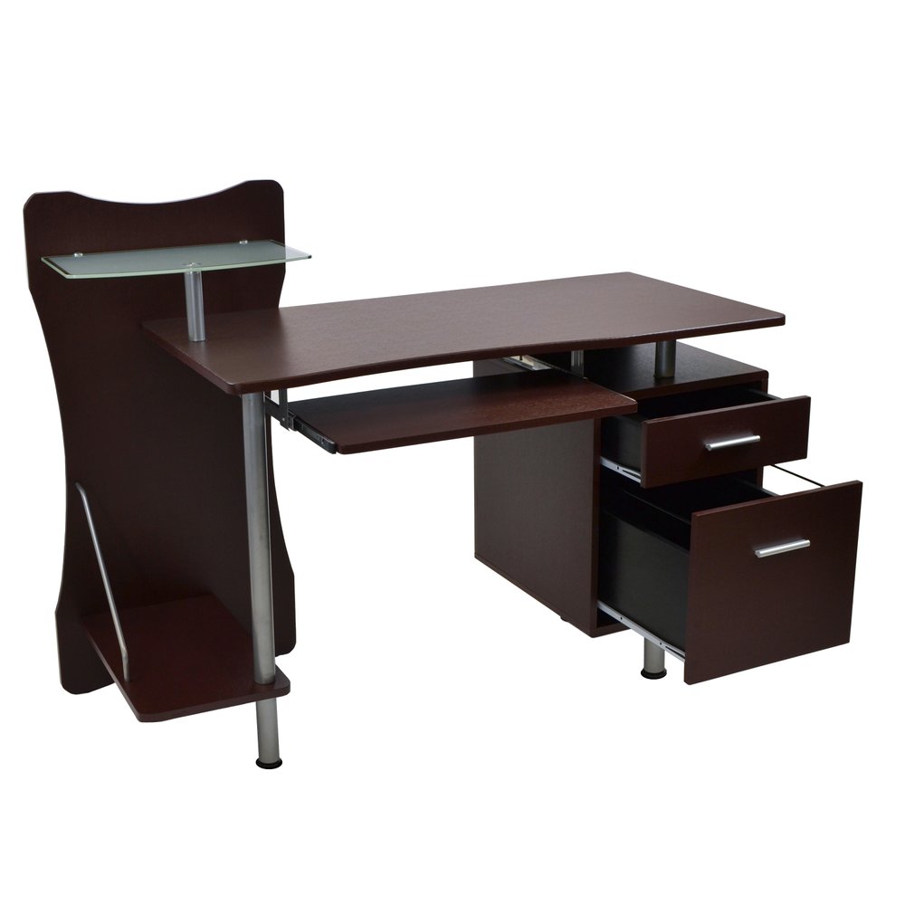 51" Chocolate and Silver Wood and Steel Pedestal Computer Desk With Two Drawers — view 3