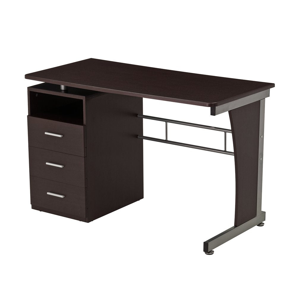 48" Chocolate Wood and Steel Pedestal Computer Desk With Three Drawers — view 1
