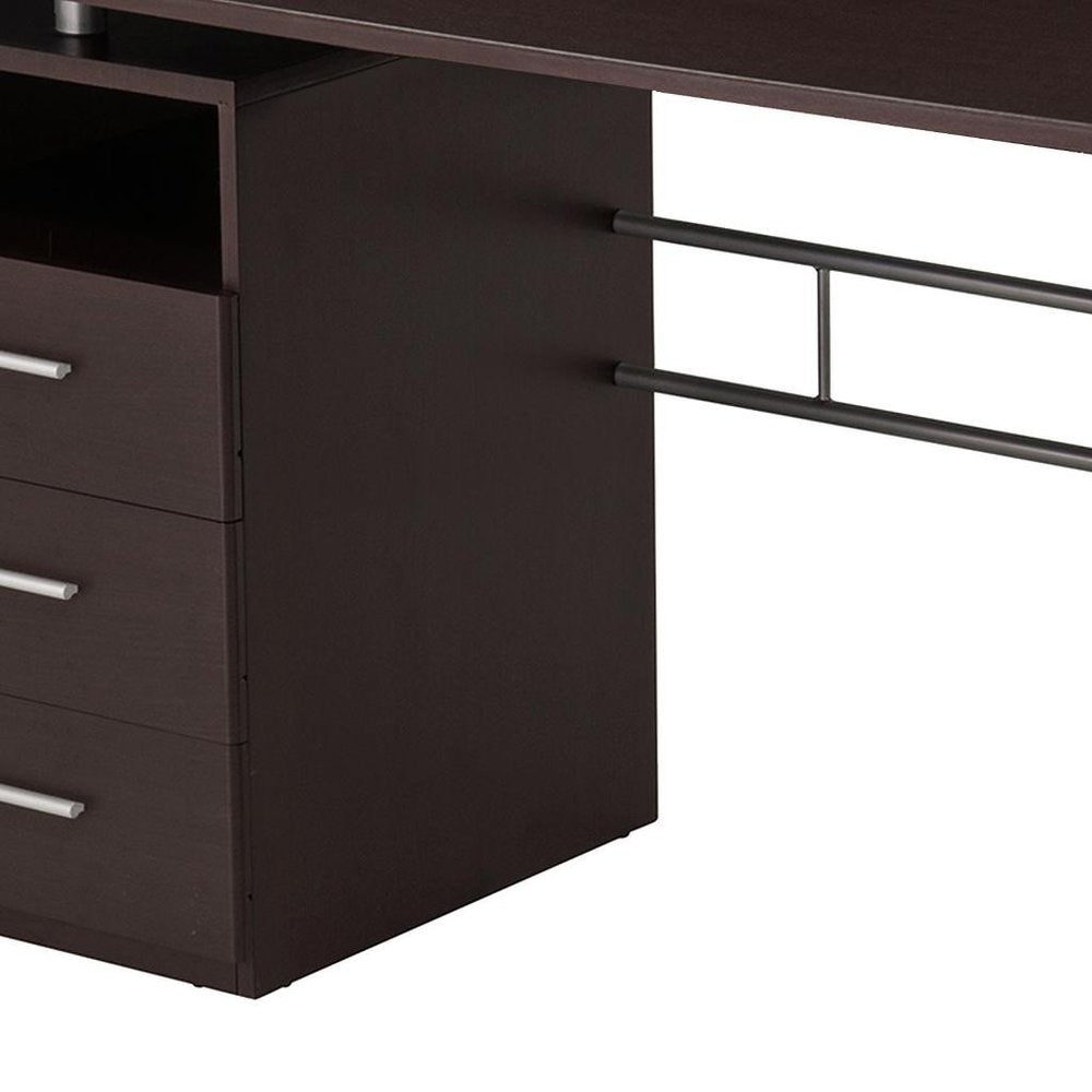 48" Chocolate Wood and Steel Pedestal Computer Desk With Three Drawers — view 5