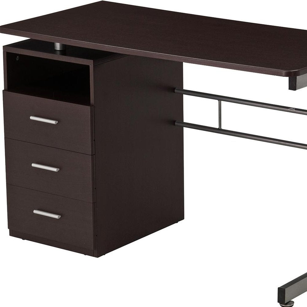 48" Chocolate Wood and Steel Pedestal Computer Desk With Three Drawers HomeRoots