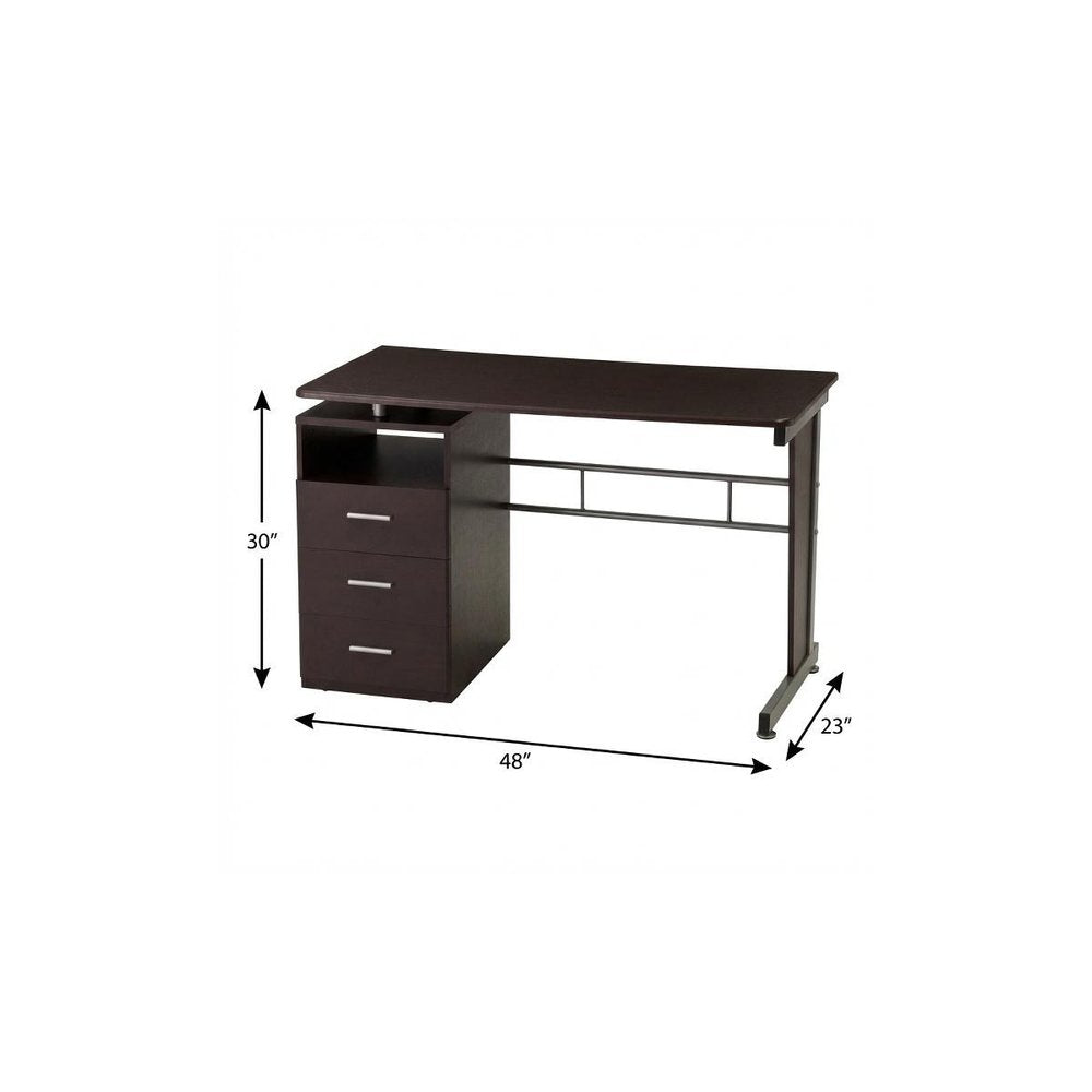 48" Chocolate Wood and Steel Pedestal Computer Desk With Three Drawers HomeRoots