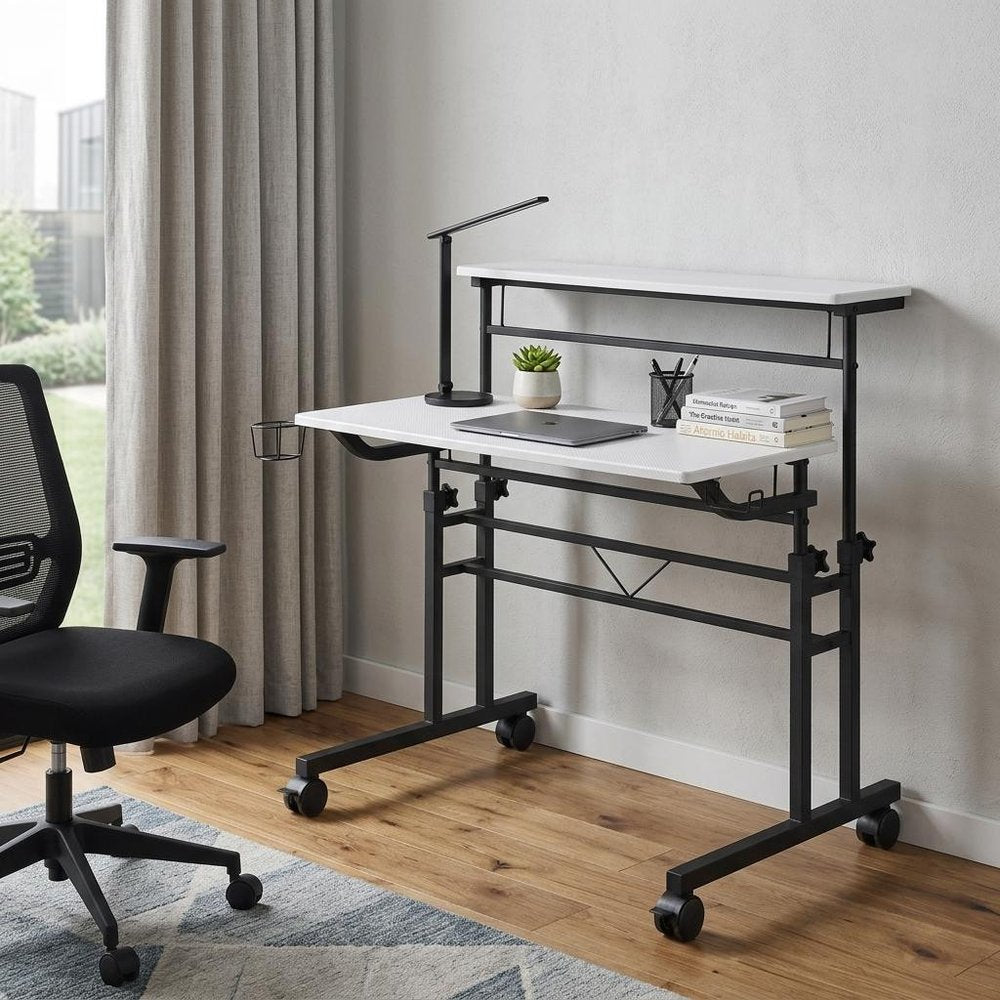 Adjustable White and Black Wood and Stainless Steel Rolling Writing Desk HomeRoots