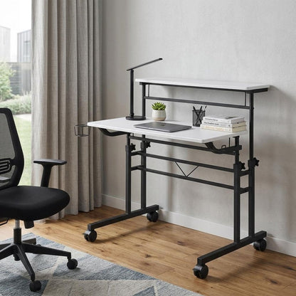 Adjustable White and Black Wood and Stainless Steel Rolling Writing Desk HomeRoots