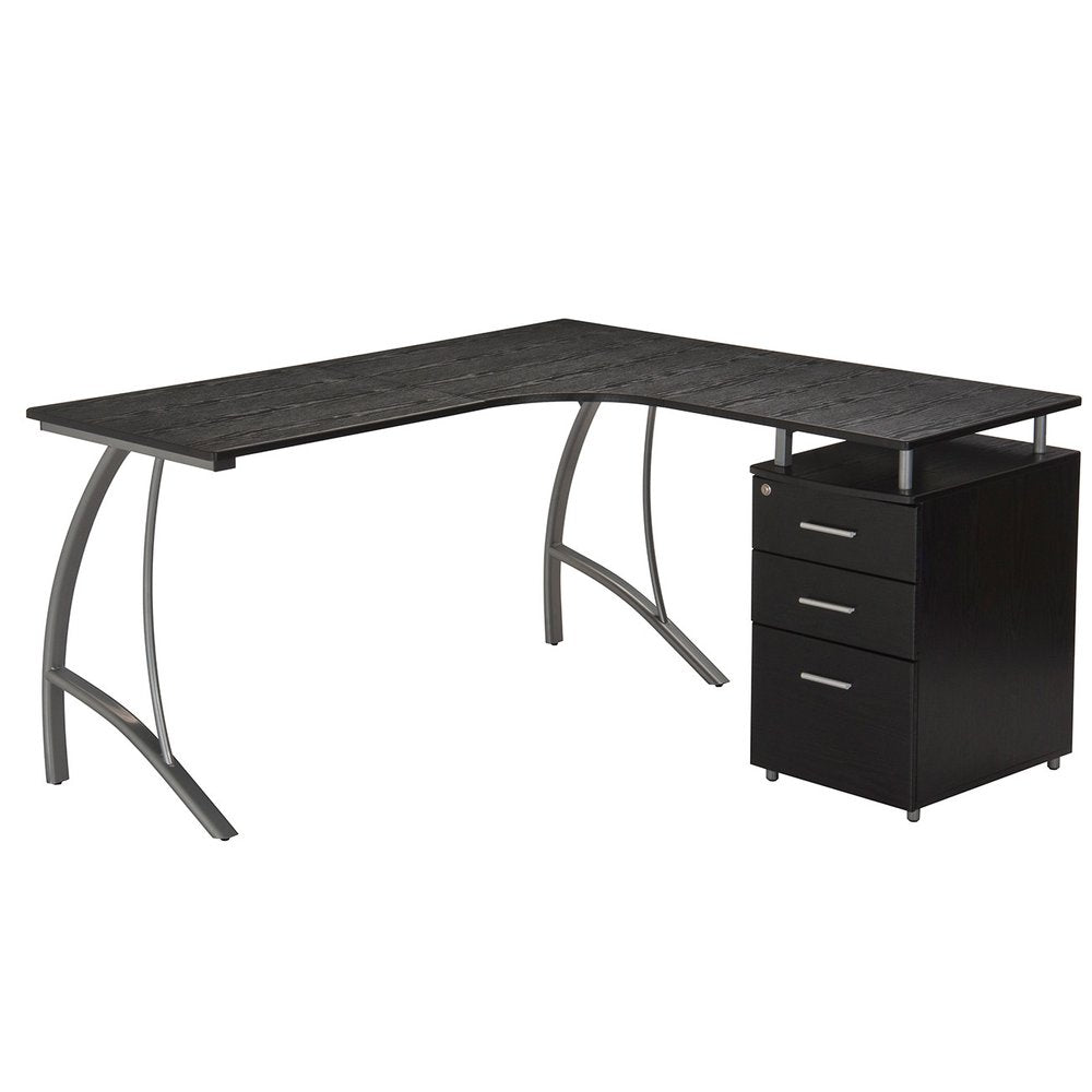 59" Espresso and Silver Wood and Steel L Shape Pedestal Computer Desk With Three Drawers — view 1
