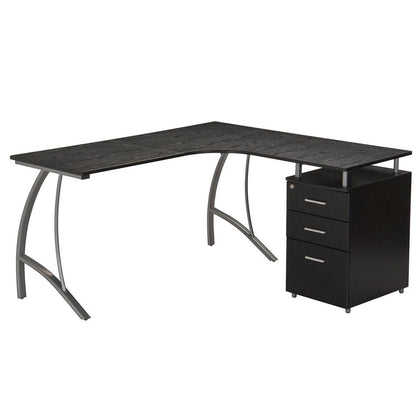 59" Espresso and Silver Wood and Steel L Shape Pedestal Computer Desk With Three Drawers HomeRoots