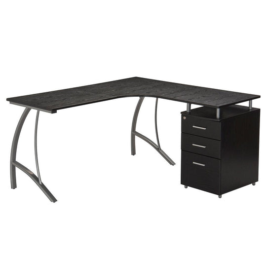 59" Espresso and Silver Wood and Steel L Shape Pedestal Computer Desk With Three Drawers