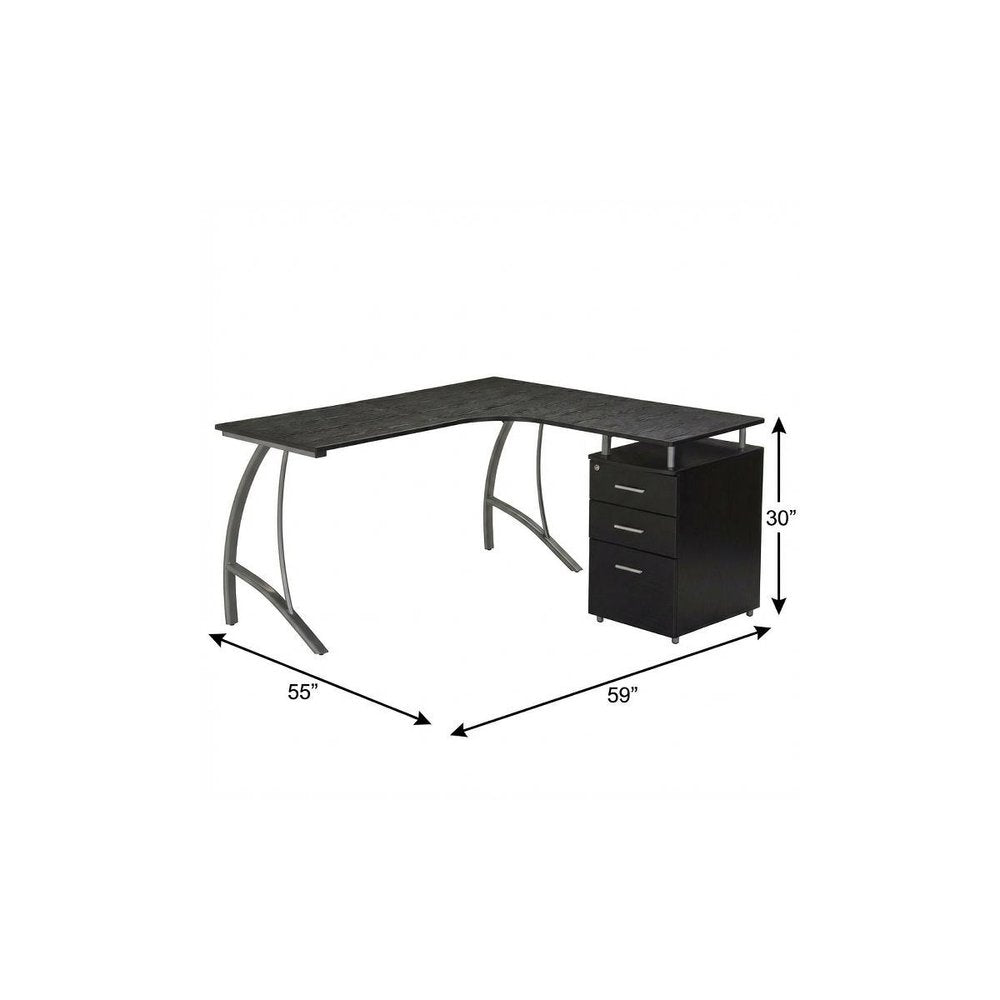 59" Espresso and Silver Wood and Steel L Shape Pedestal Computer Desk With Three Drawers HomeRoots