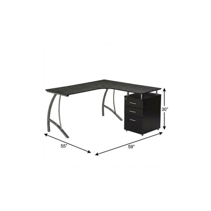 59" Espresso and Silver Wood and Steel L Shape Pedestal Computer Desk With Three Drawers HomeRoots