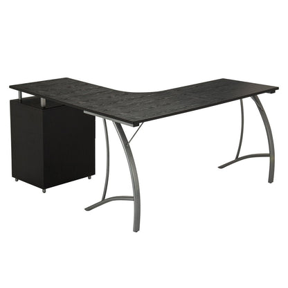 59" Espresso and Silver Wood and Steel L Shape Pedestal Computer Desk With Three Drawers HomeRoots