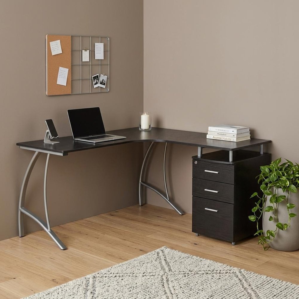 59" Espresso and Silver Wood and Steel L Shape Pedestal Computer Desk With Three Drawers — view 7