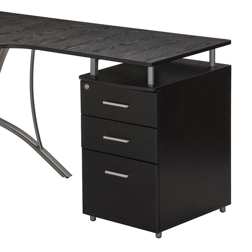59" Espresso and Silver Wood and Steel L Shape Pedestal Computer Desk With Three Drawers — view 3