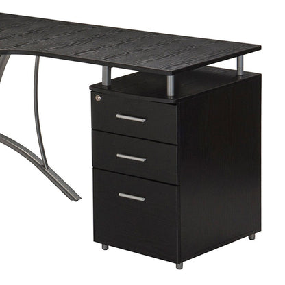 59" Espresso and Silver Wood and Steel L Shape Pedestal Computer Desk With Three Drawers HomeRoots