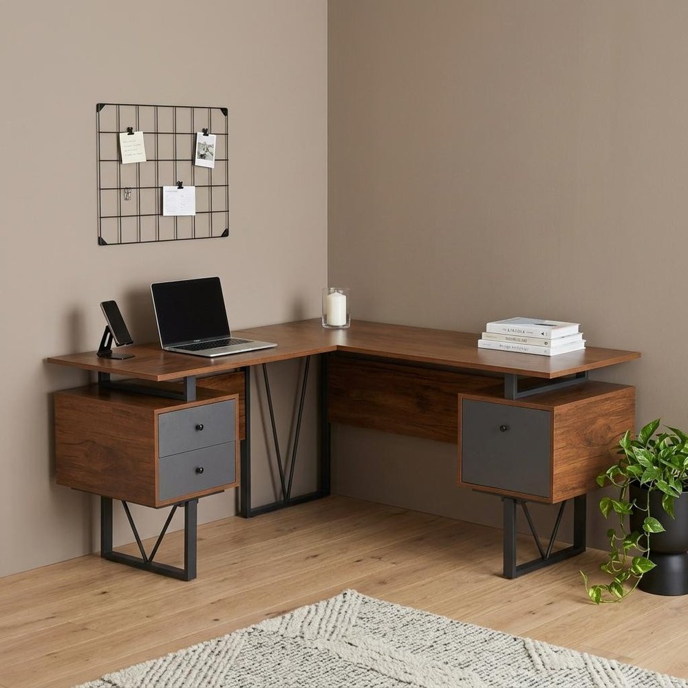 59" Walnut and Gray Wood and Steel L Shape Pedestal Computer Desk With Three Drawers — view 16