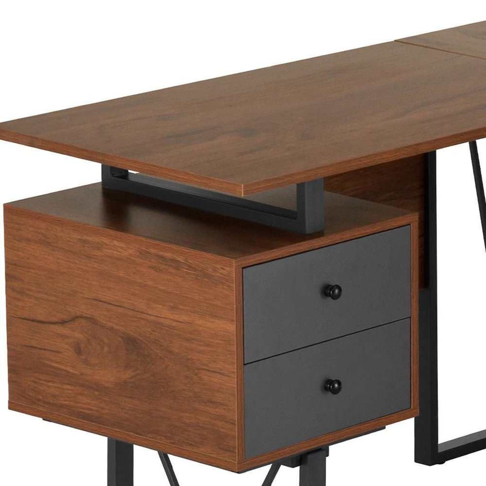 59" Walnut and Gray Wood and Steel L Shape Pedestal Computer Desk With Three Drawers — view 6