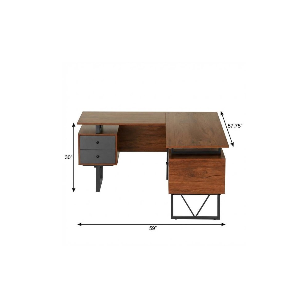 59" Walnut and Gray Wood and Steel L Shape Pedestal Computer Desk With Three Drawers — view 7