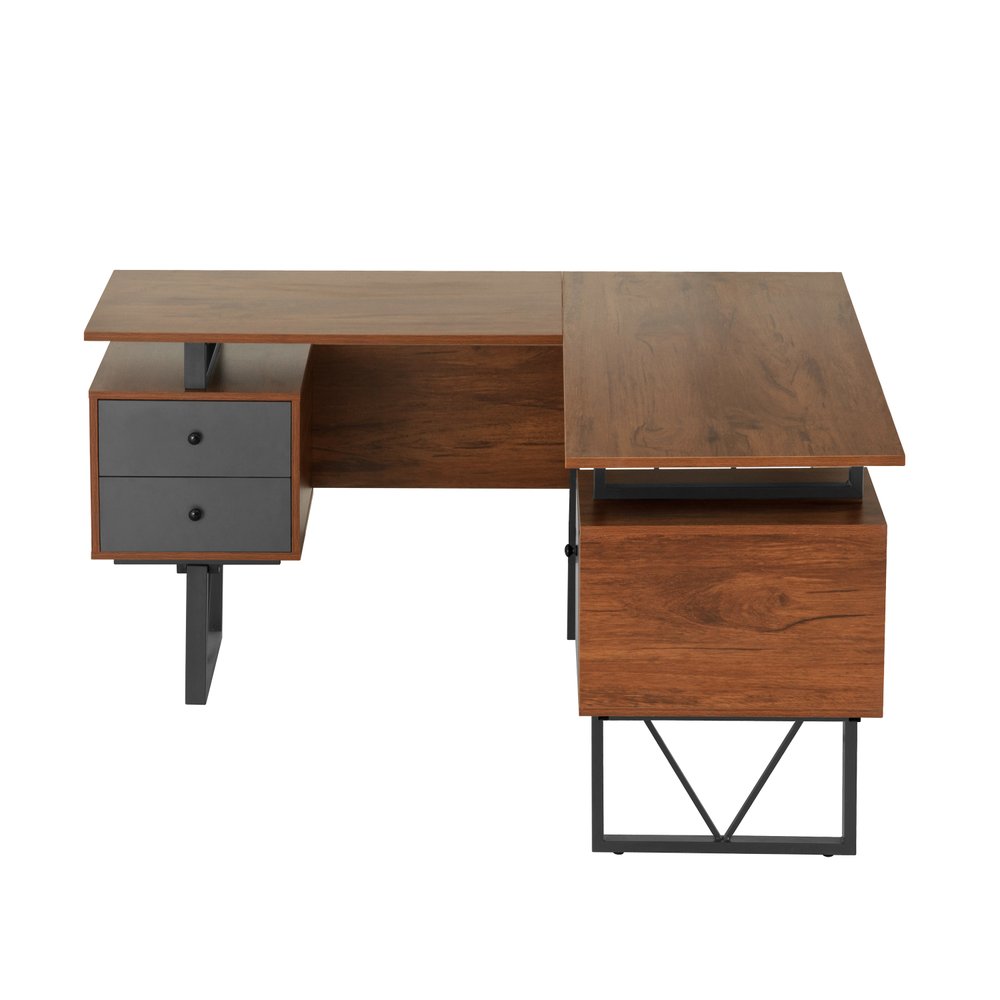 59" Walnut and Gray Wood and Steel L Shape Pedestal Computer Desk With Three Drawers — view 10