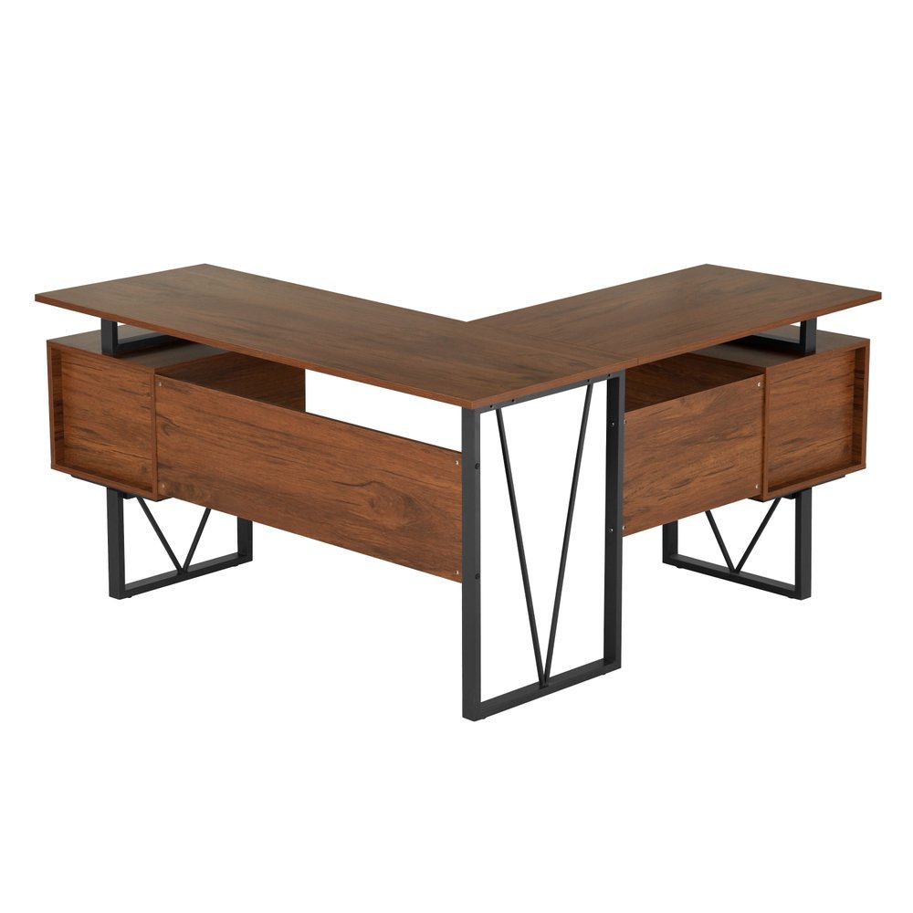 59" Walnut and Gray Wood and Steel L Shape Pedestal Computer Desk With Three Drawers HomeRoots