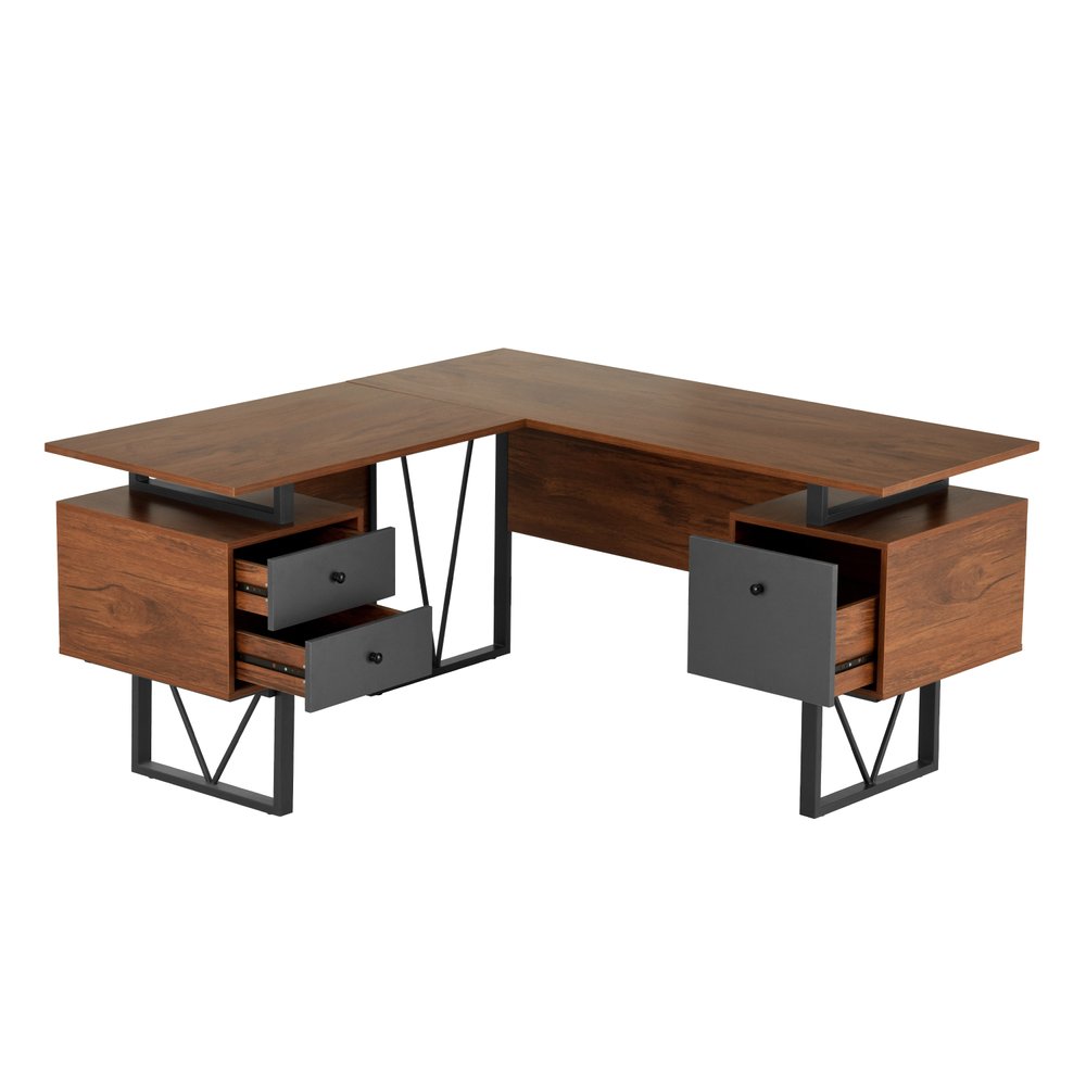 59" Walnut and Gray Wood and Steel L Shape Pedestal Computer Desk With Three Drawers HomeRoots