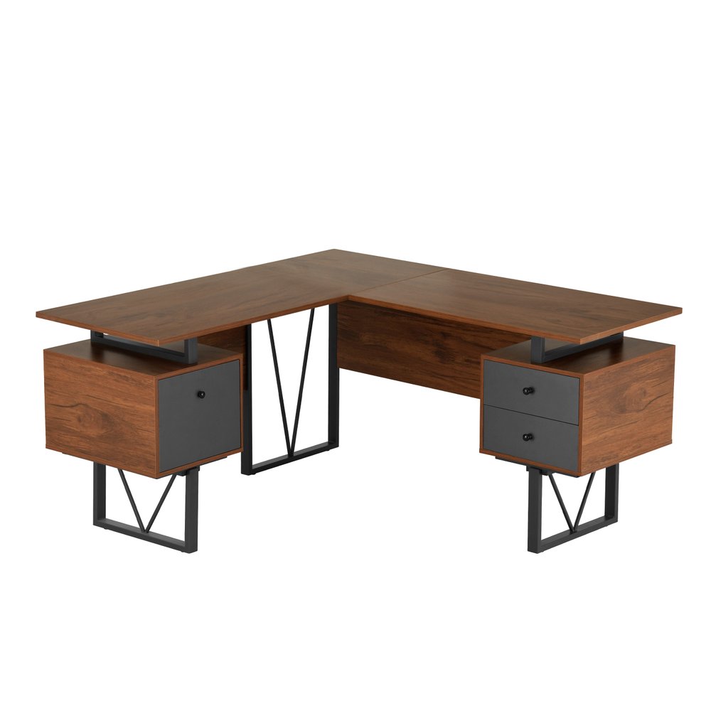 59" Walnut and Gray Wood and Steel L Shape Pedestal Computer Desk With Three Drawers — view 5