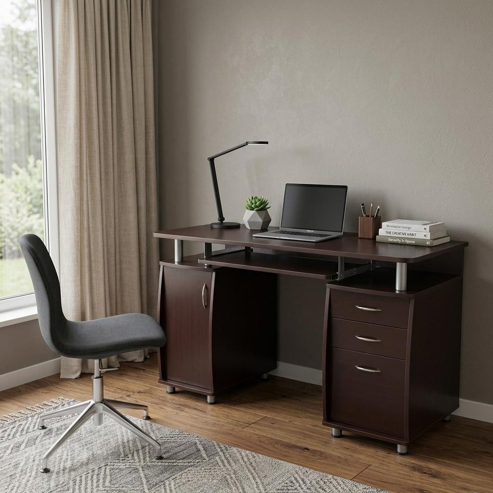 48" Chocolate Wood Pedestal Computer Desk With Two Cabinets And Two Drawers — view 9