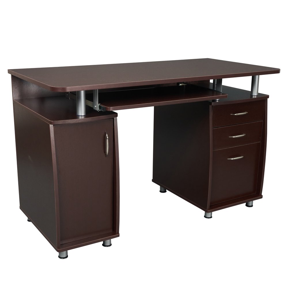 48" Chocolate Wood Pedestal Computer Desk With Two Cabinets And Two Drawers HomeRoots