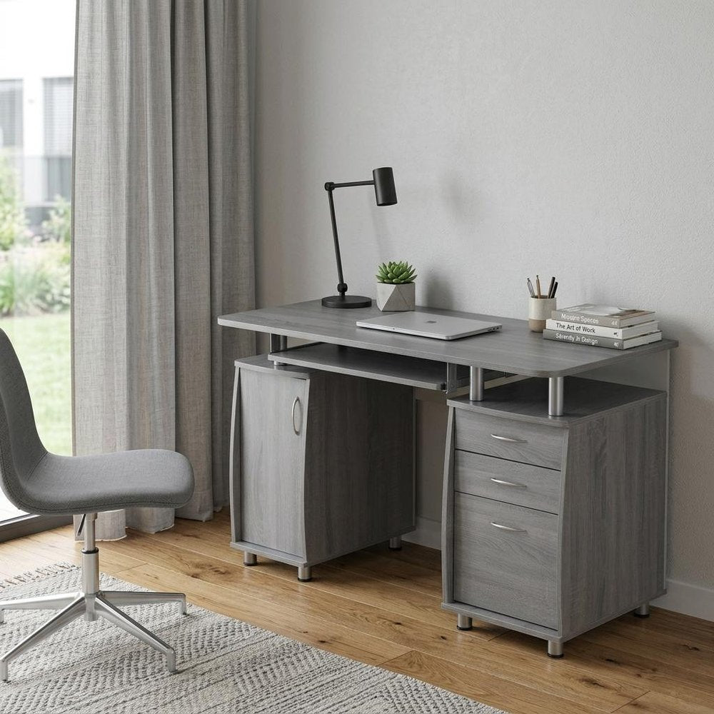 48" Gray Wood Pedestal Computer Desk With Two Cabinets And Two Drawers HomeRoots