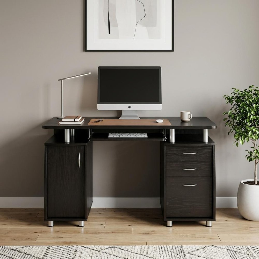 48" Espresso Wood Pedestal Computer Desk With Two Cabinets And Two Drawers — view 10