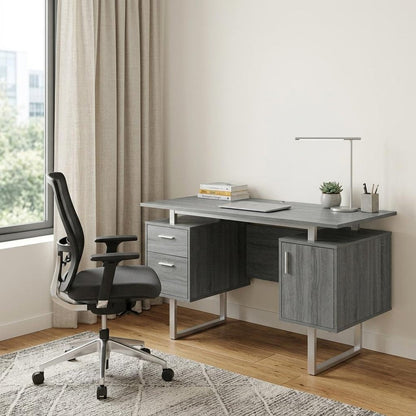 51" Gray and Silver Wood and Steel Pedestal Executive Desk With Two Drawers HomeRoots