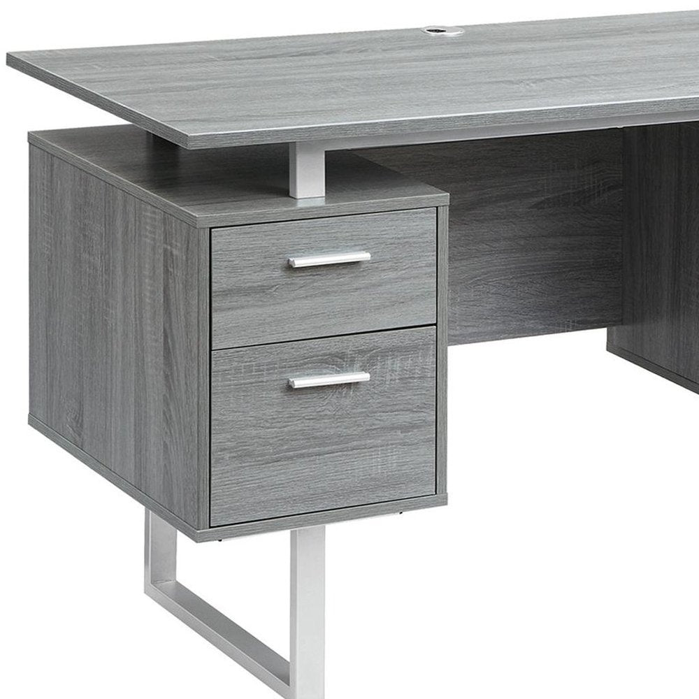 51" Gray and Silver Wood and Steel Pedestal Executive Desk With Two Drawers HomeRoots