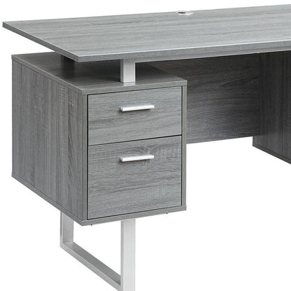 51" Gray and Silver Wood and Steel Pedestal Executive Desk With Two Drawers HomeRoots