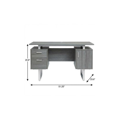 51" Gray and Silver Wood and Steel Pedestal Executive Desk With Two Drawers HomeRoots