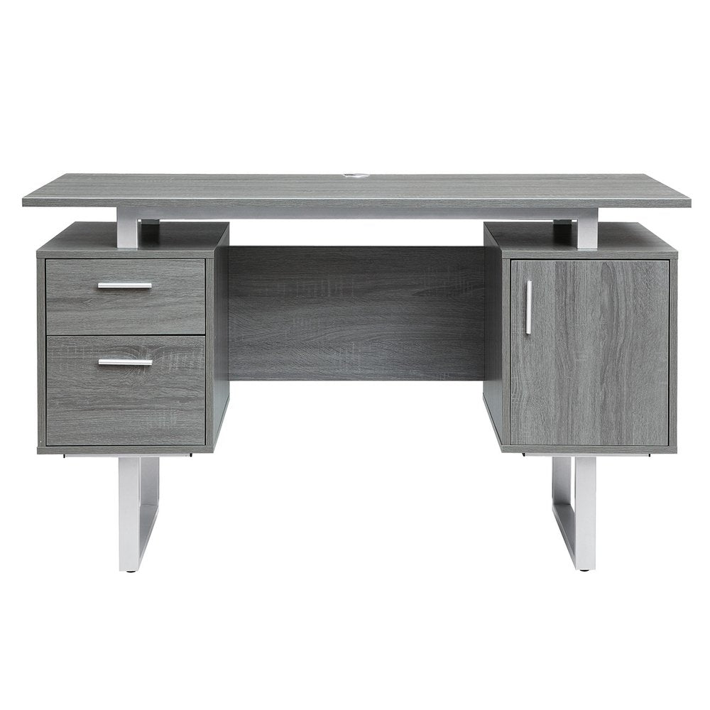 51" Gray and Silver Wood and Steel Pedestal Executive Desk With Two Drawers HomeRoots
