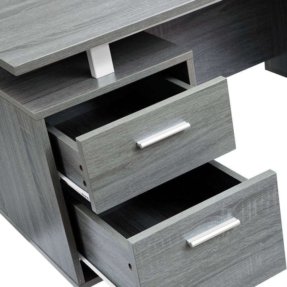 51" Gray and Silver Wood and Steel Pedestal Executive Desk With Two Drawers — view 3