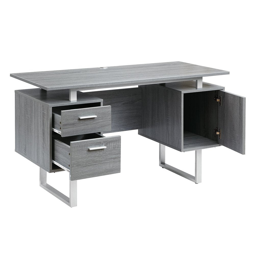 51" Gray and Silver Wood and Steel Pedestal Executive Desk With Two Drawers HomeRoots