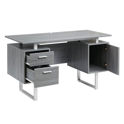 51" Gray and Silver Wood and Steel Pedestal Executive Desk With Two Drawers HomeRoots