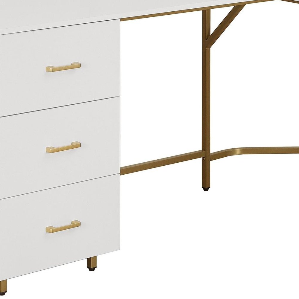 59" White and Gold Wood and Steel L Shape Pedestal Computer Desk With Three Drawers — view 7