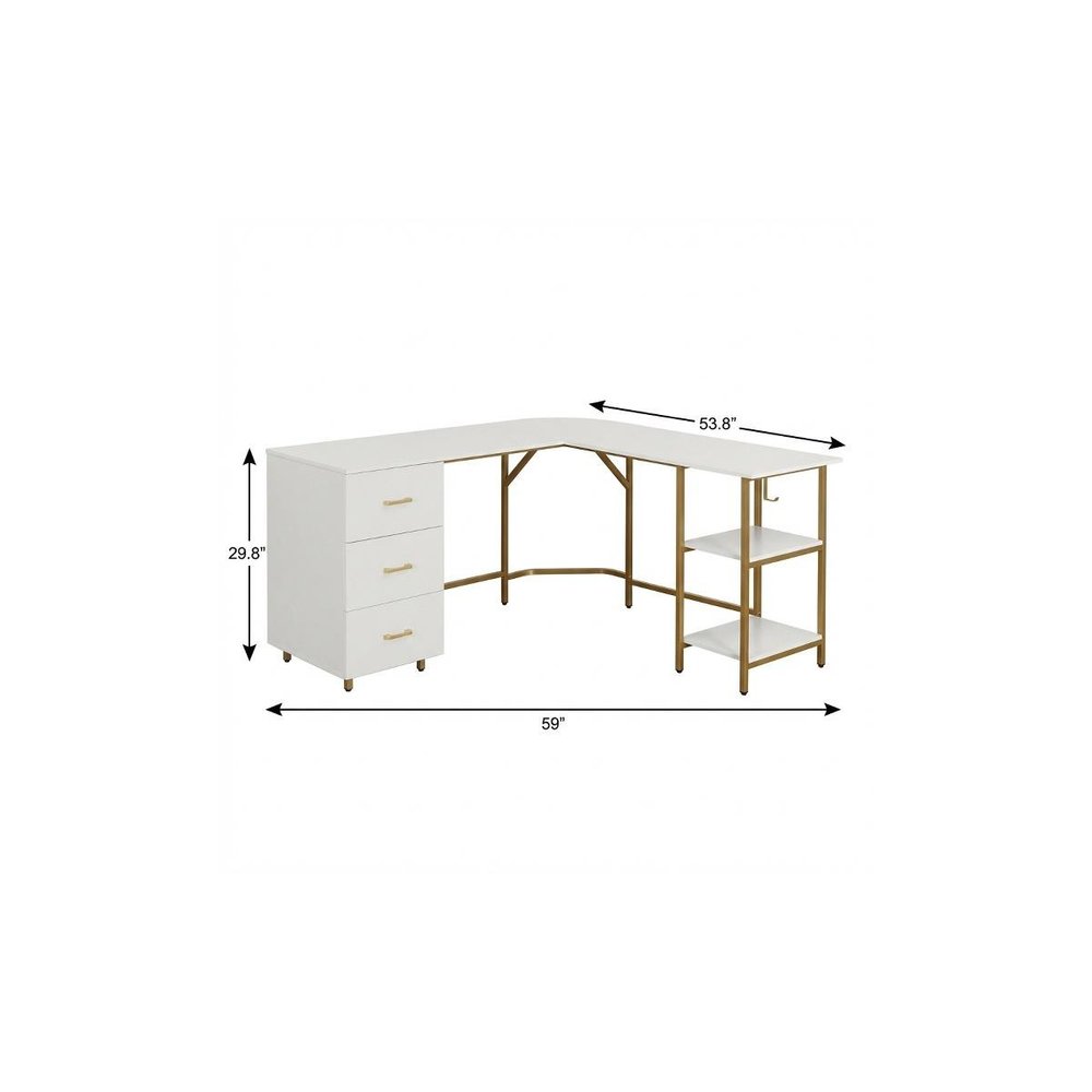 59" White and Gold Wood and Steel L Shape Pedestal Computer Desk With Three Drawers — view 8