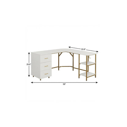 59" White and Gold Wood and Steel L Shape Pedestal Computer Desk With Three Drawers HomeRoots