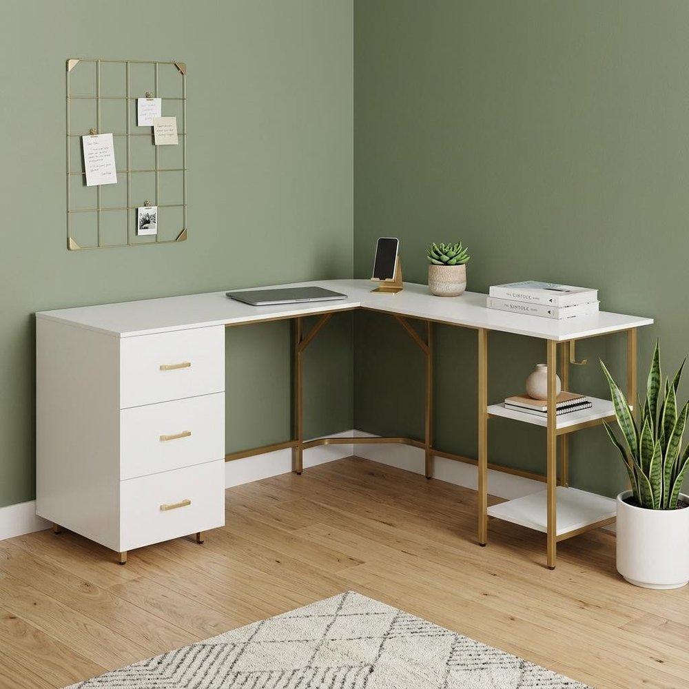 59" White and Gold Wood and Steel L Shape Pedestal Computer Desk With Three Drawers — view 9