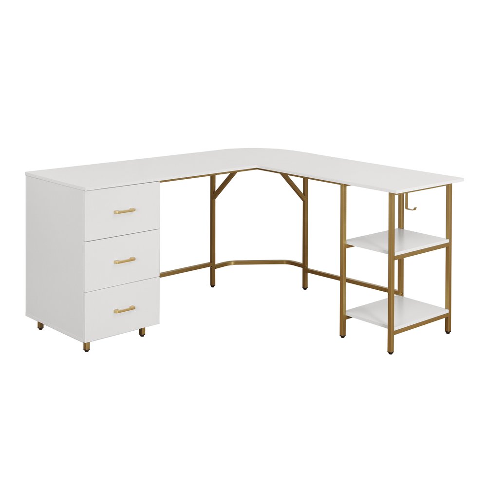 59" White and Gold Wood and Steel L Shape Pedestal Computer Desk With Three Drawers HomeRoots