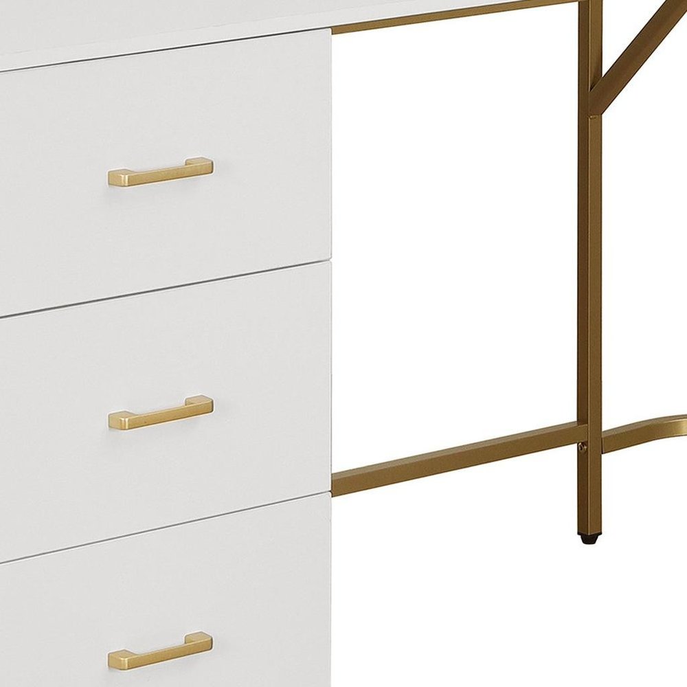 59" White and Gold Wood and Steel L Shape Pedestal Computer Desk With Three Drawers HomeRoots