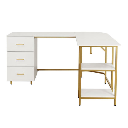 59" White and Gold Wood and Steel L Shape Pedestal Computer Desk With Three Drawers HomeRoots