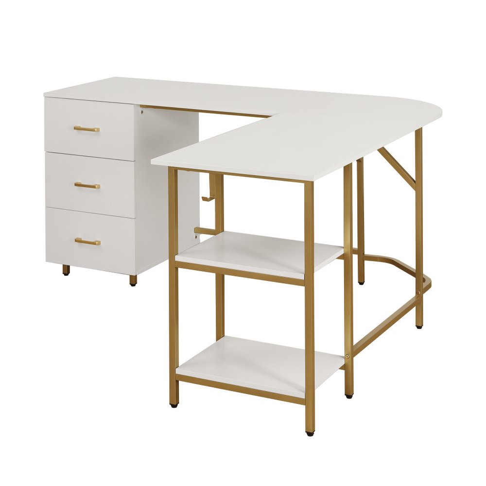 59" White and Gold Wood and Steel L Shape Pedestal Computer Desk With Three Drawers HomeRoots