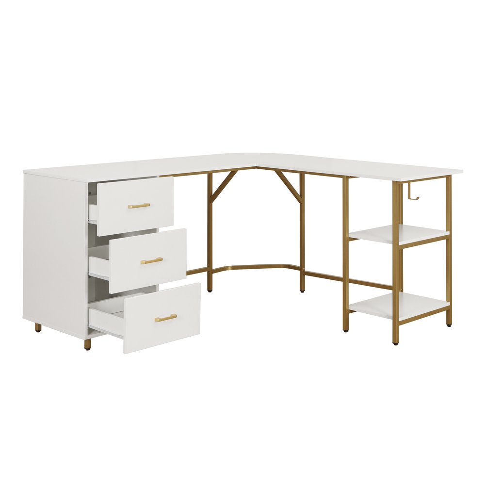 59" White and Gold Wood and Steel L Shape Pedestal Computer Desk With Three Drawers HomeRoots