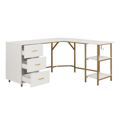 59" White and Gold Wood and Steel L Shape Pedestal Computer Desk With Three Drawers HomeRoots