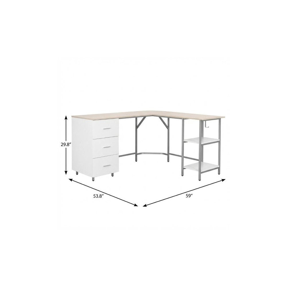 59" Sand Silver and White Wood and Steel L Shape Pedestal Computer Desk With Three Drawers — view 8